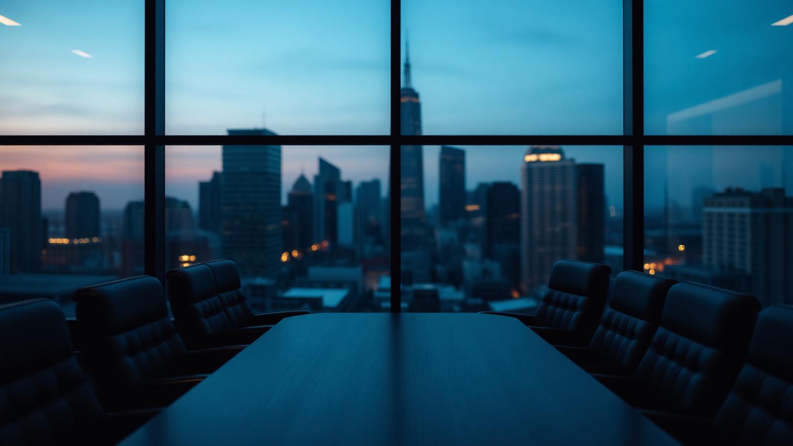Sala de reunião executiva ao entardecer com vista para skyline, simbolizando ambiente corporativo de liderança industrial.